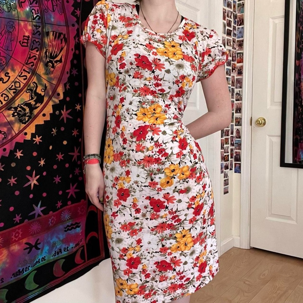 Floral Print midi Dress Red and Yellow flowers business casual